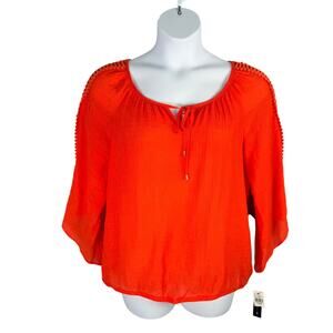 AB Studio Blouse Womens Large Tangerine Orange Gauze Keyhole Ric Rac Trim Top